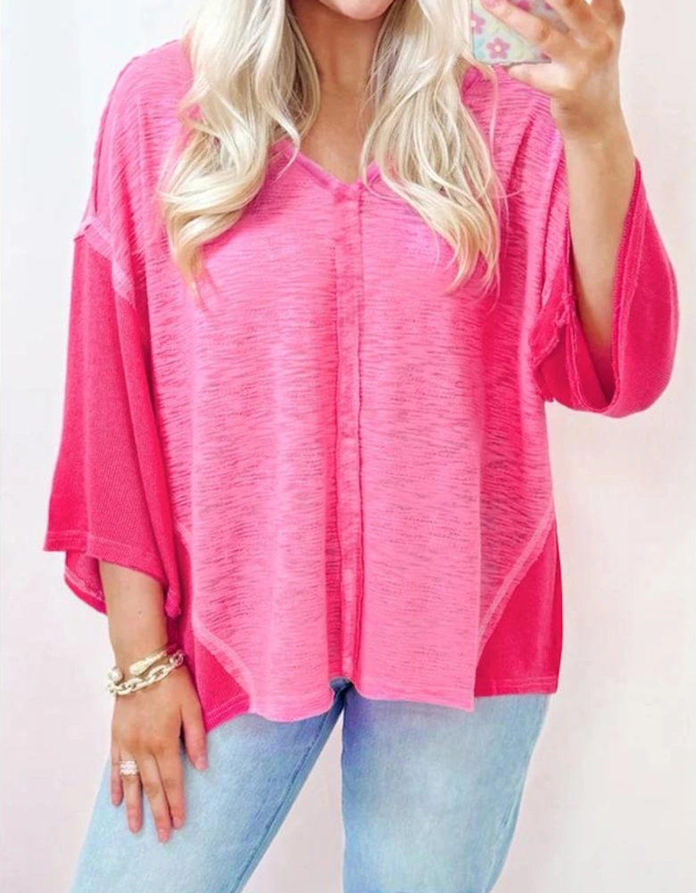 Sachet Pink Contrast Patchwork 3/4 Sleeve V Neck Loose Blouse