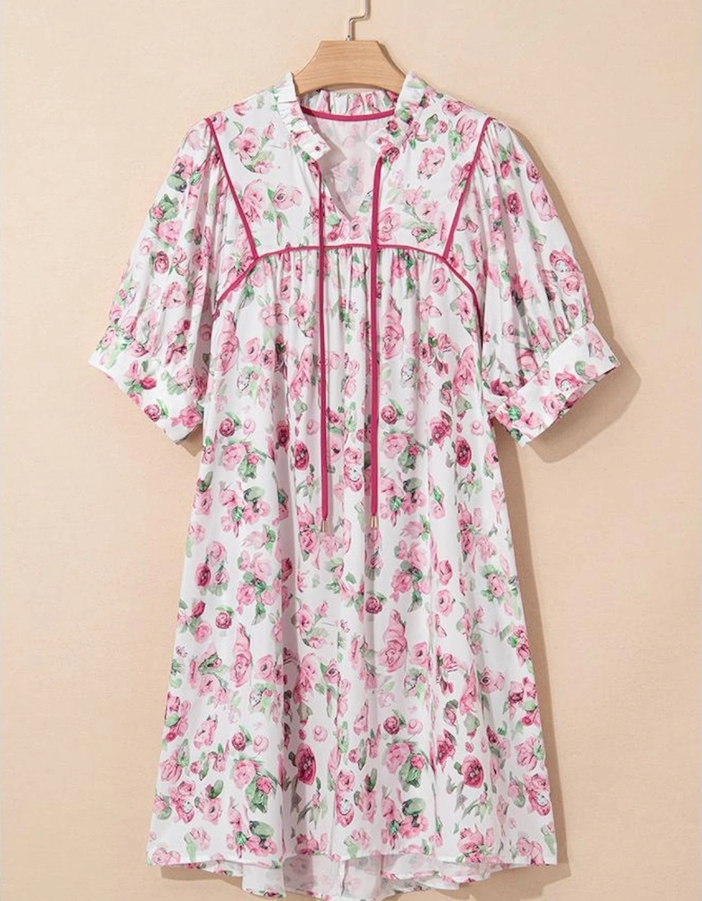 Pink Floral Split Neck Short Sleeve Loose Plus Size Mini Dress