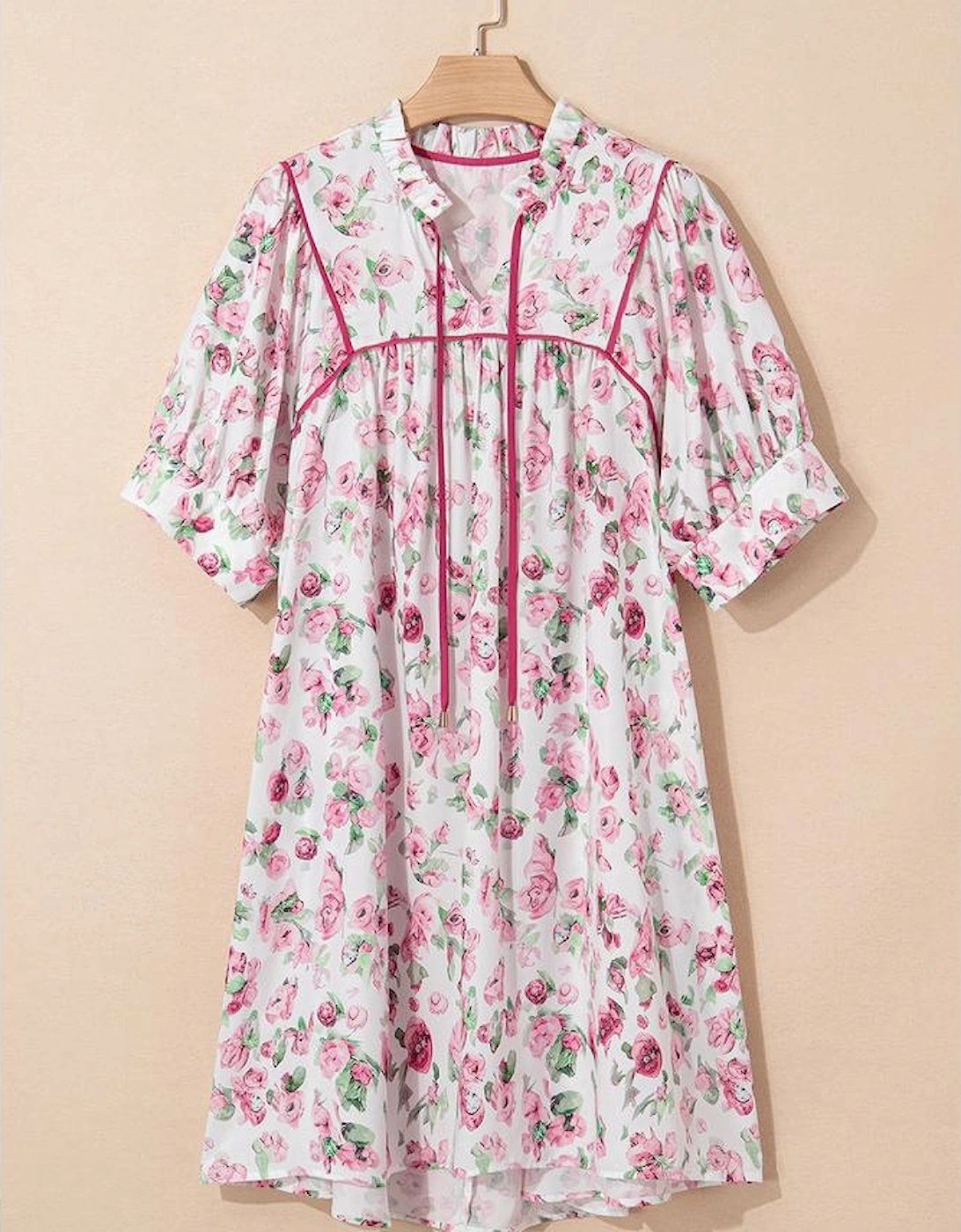 Pink Floral Split Neck Short Sleeve Loose Plus Size Mini Dress