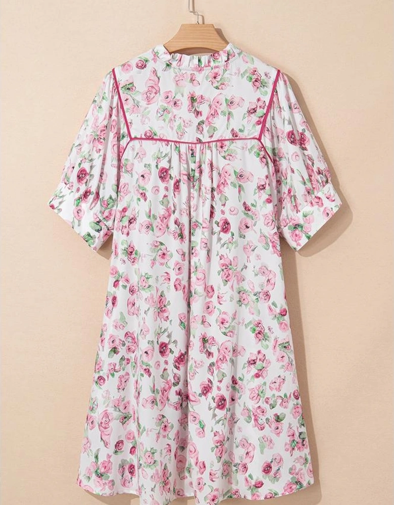 Pink Floral Split Neck Short Sleeve Loose Plus Size Mini Dress