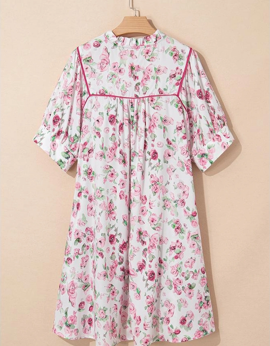 Pink Floral Split Neck Short Sleeve Loose Plus Size Mini Dress