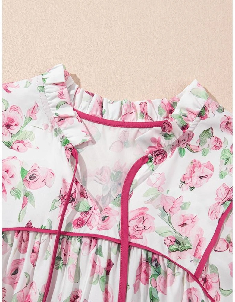 Pink Floral Split Neck Short Sleeve Loose Plus Size Mini Dress