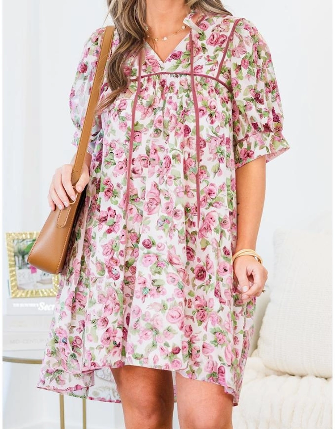 Pink Floral Split Neck Short Sleeve Loose Plus Size Mini Dress