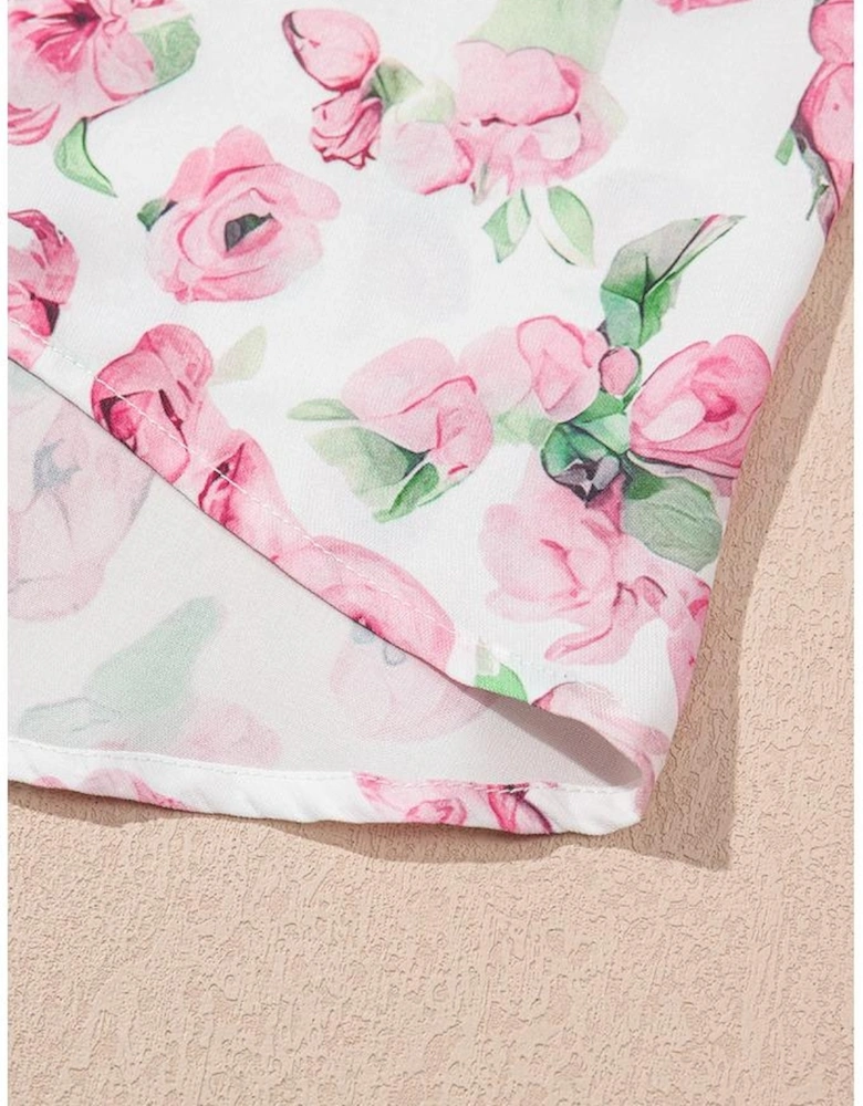 Pink Floral Split Neck Short Sleeve Loose Plus Size Mini Dress