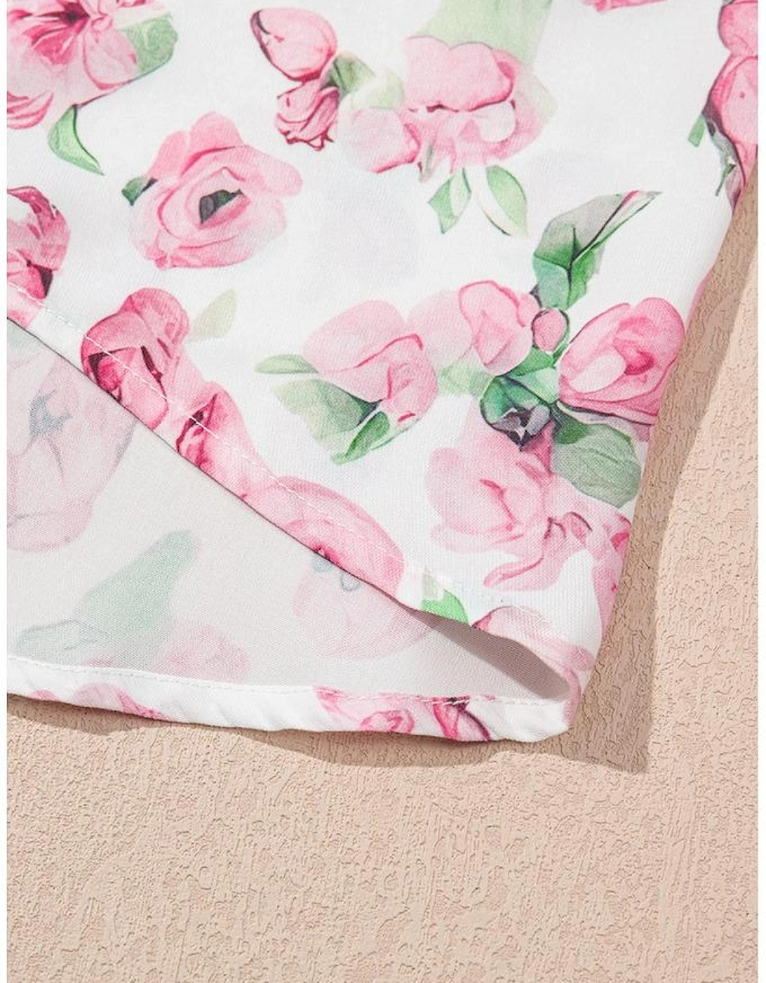 Pink Floral Split Neck Short Sleeve Loose Plus Size Mini Dress