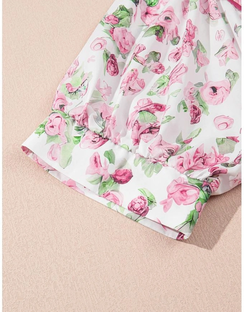Pink Floral Split Neck Short Sleeve Loose Plus Size Mini Dress