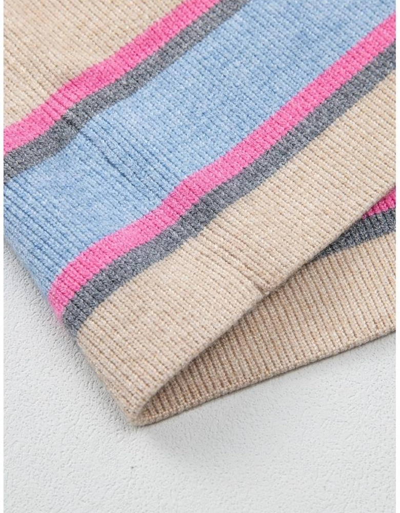 Apricot Stripe Collared V Neck Drop Shoulder Loose Sweater