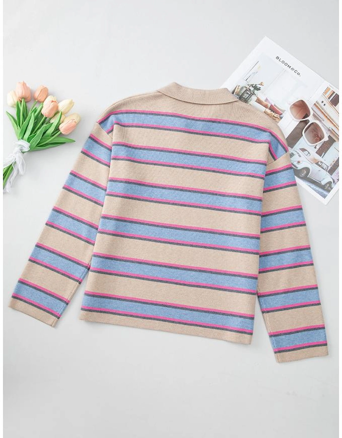 Apricot Stripe Collared V Neck Drop Shoulder Loose Sweater