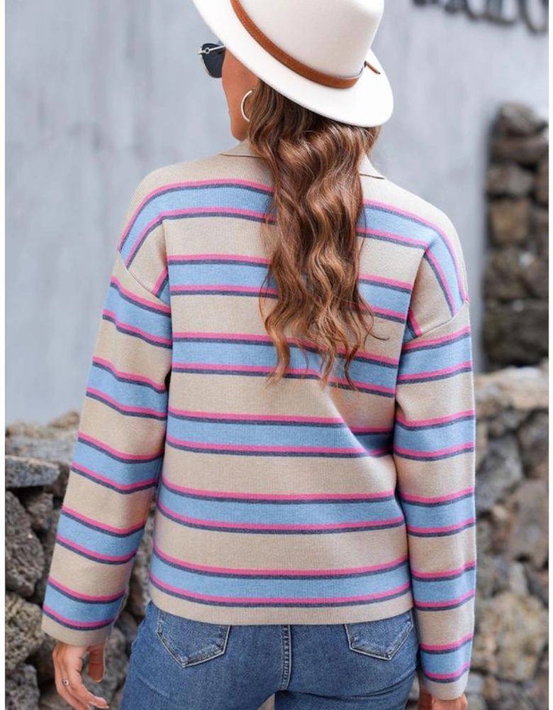 Apricot Stripe Collared V Neck Drop Shoulder Loose Sweater