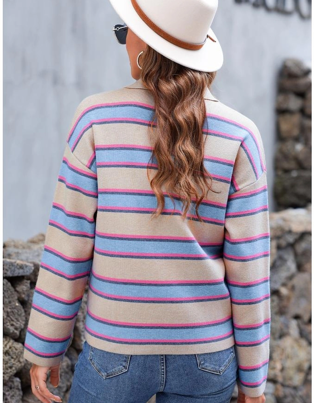 Apricot Stripe Collared V Neck Drop Shoulder Loose Sweater