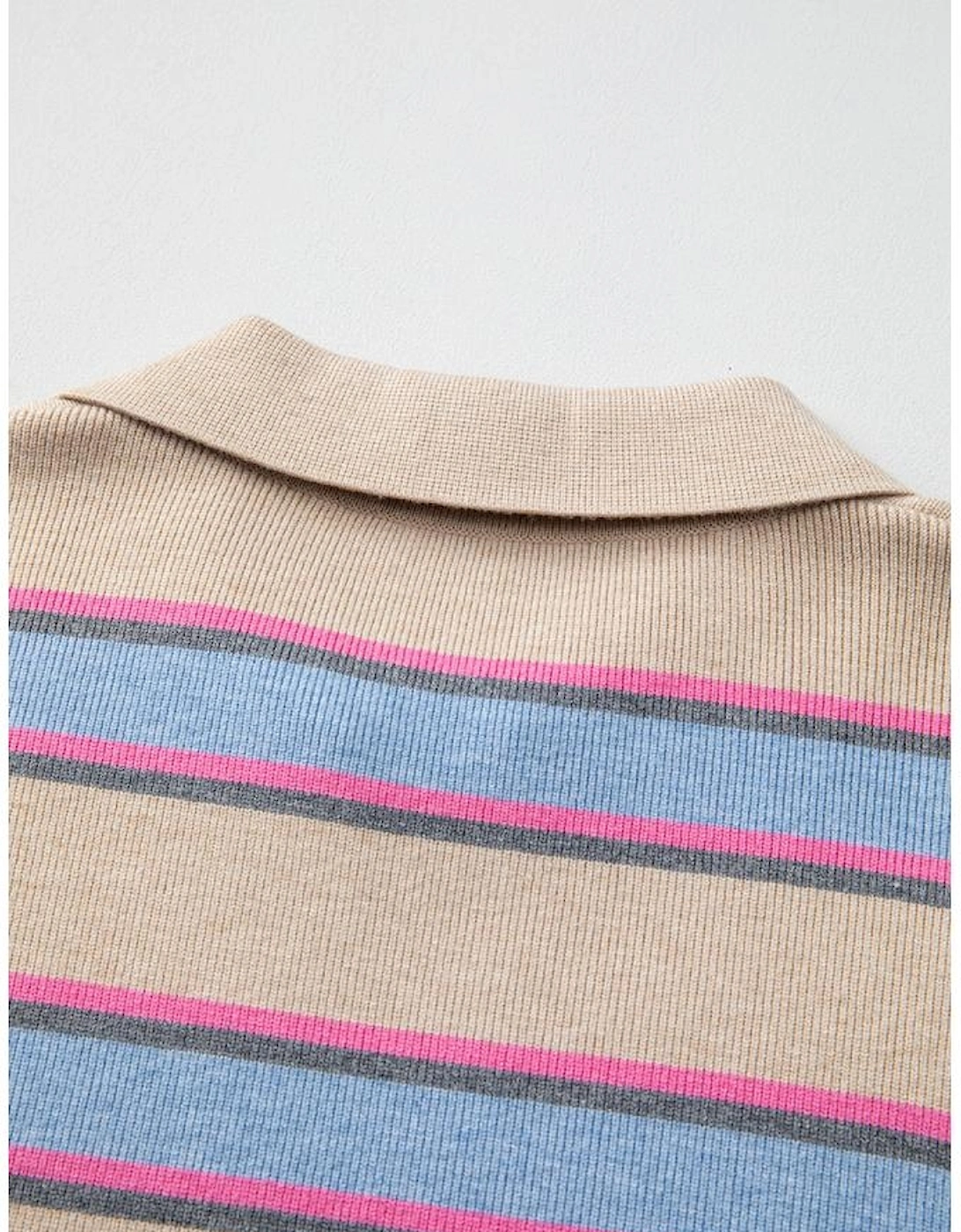 Apricot Stripe Collared V Neck Drop Shoulder Loose Sweater, 16 of 15
