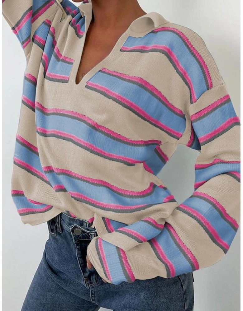 Apricot Stripe Collared V Neck Drop Shoulder Loose Sweater