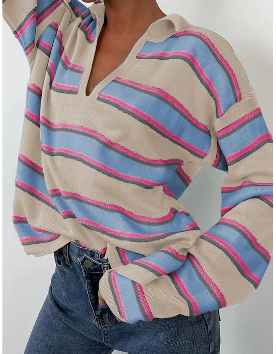Apricot Stripe Collared V Neck Drop Shoulder Loose Sweater