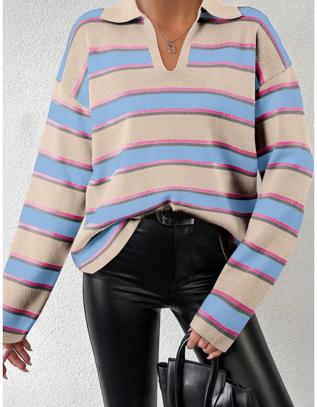 Apricot Stripe Collared V Neck Drop Shoulder Loose Sweater