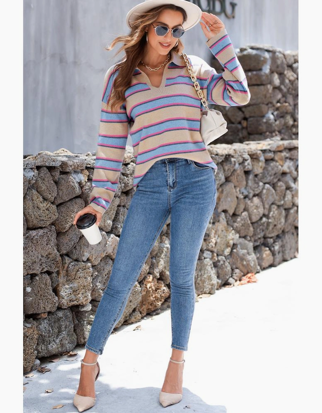 Apricot Stripe Collared V Neck Drop Shoulder Loose Sweater