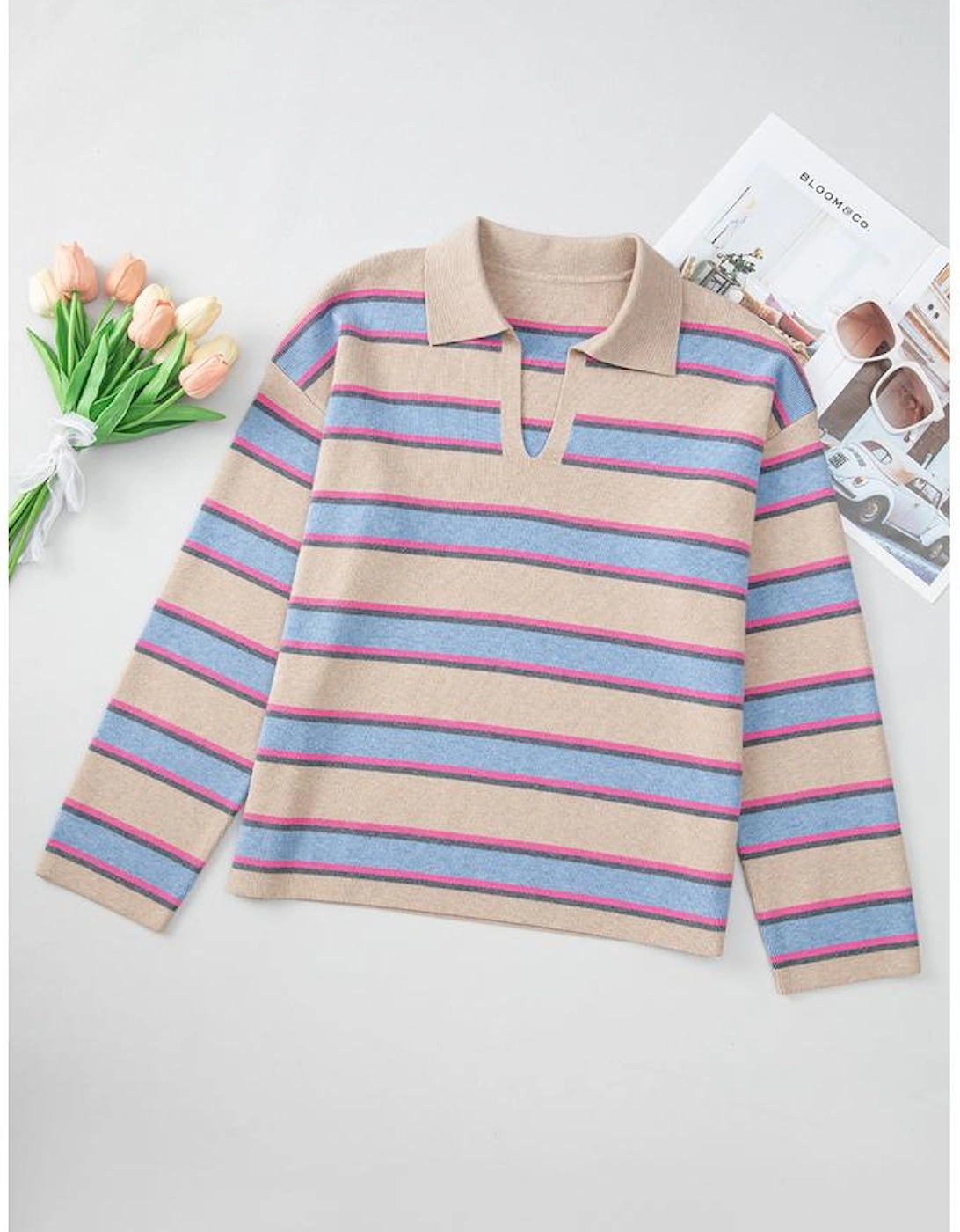Apricot Stripe Collared V Neck Drop Shoulder Loose Sweater