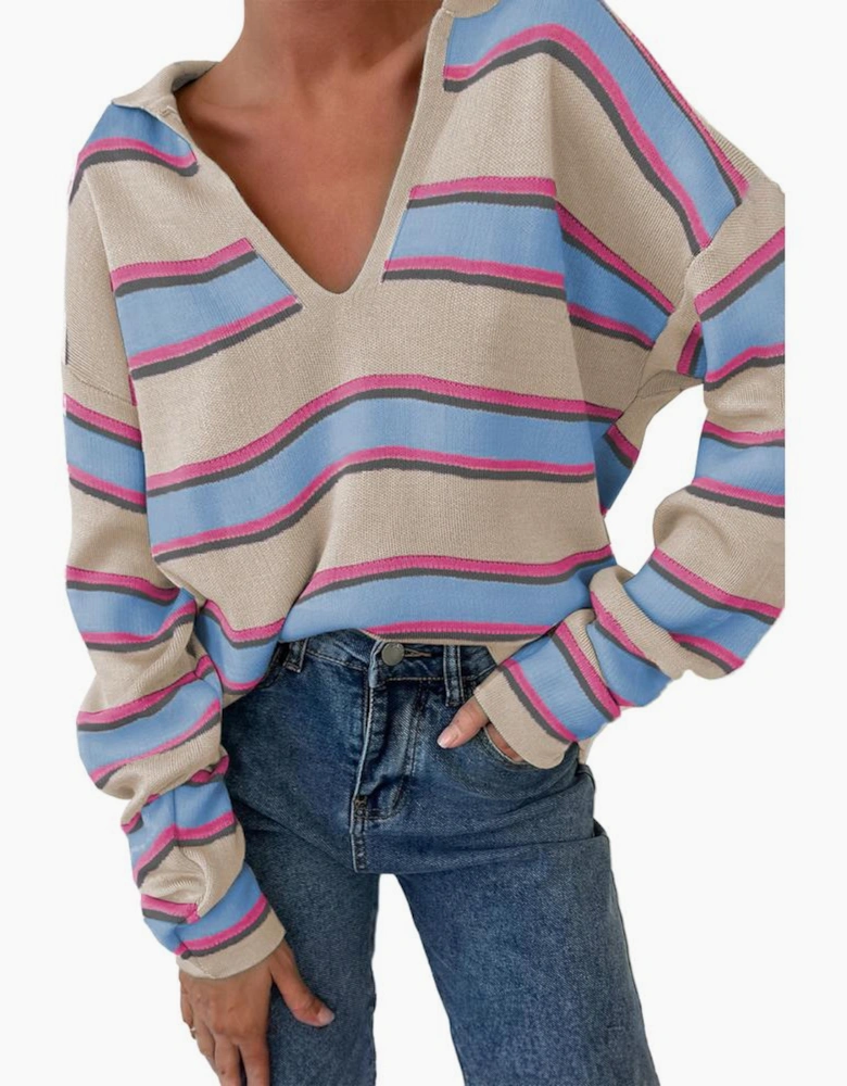 Apricot Stripe Collared V Neck Drop Shoulder Loose Sweater