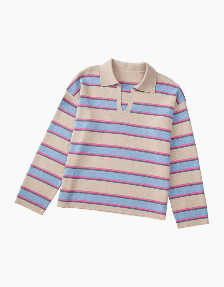 Apricot Stripe Collared V Neck Drop Shoulder Loose Sweater