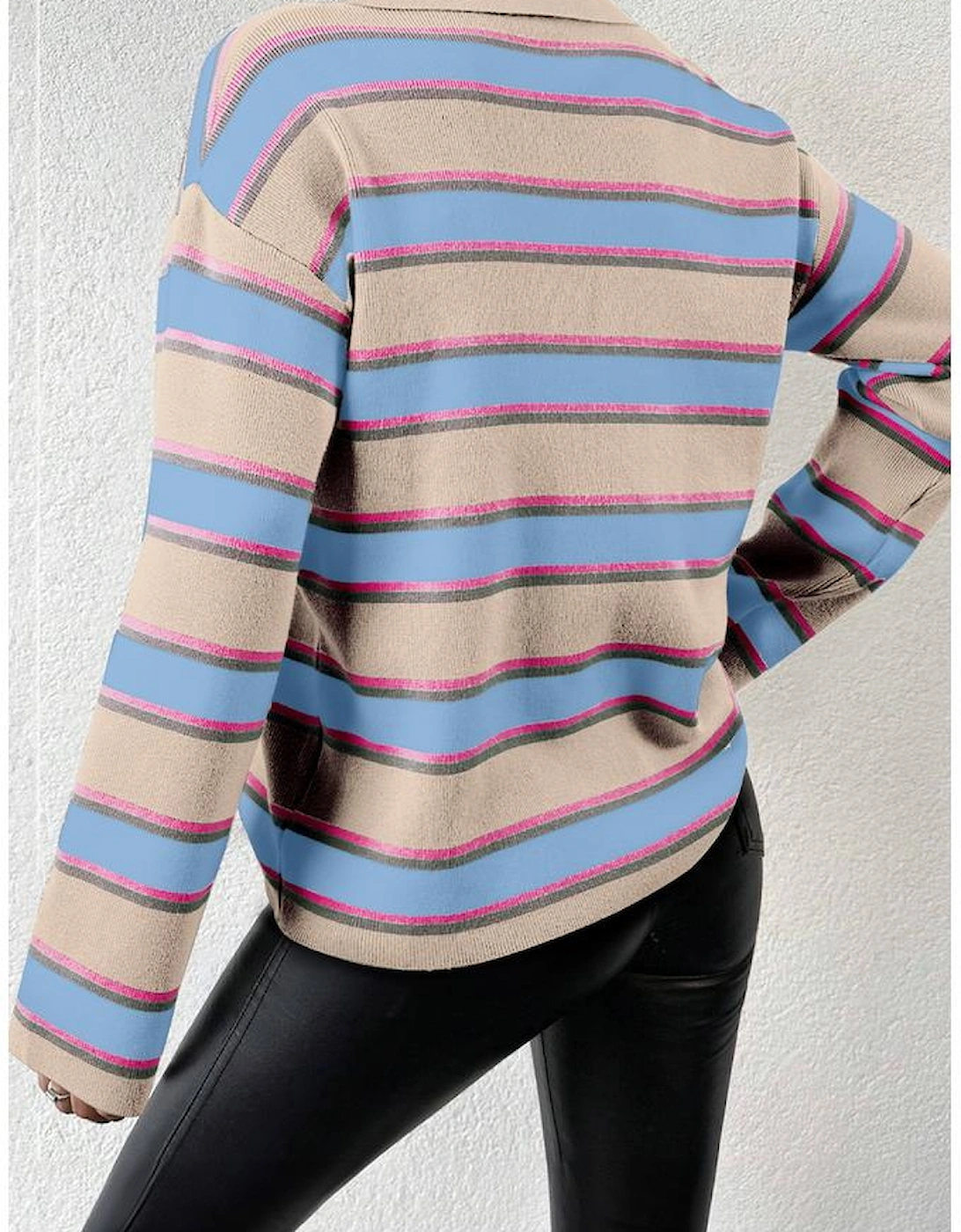 Apricot Stripe Collared V Neck Drop Shoulder Loose Sweater