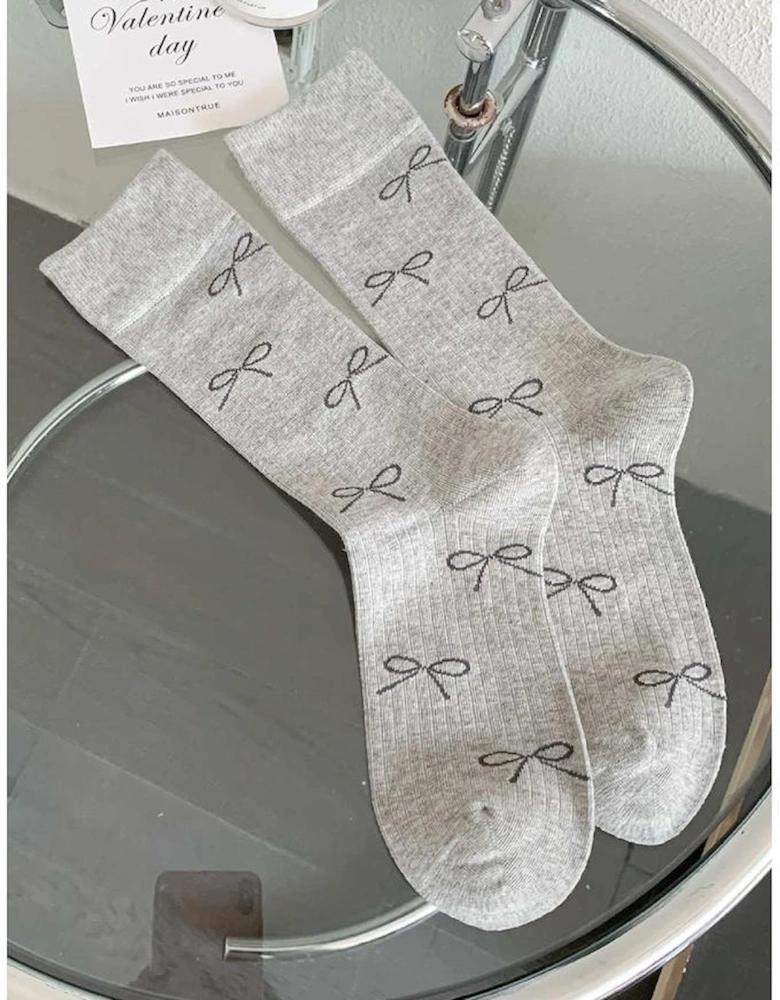 Gray Bow Knot Print Ribbed Crew Socks