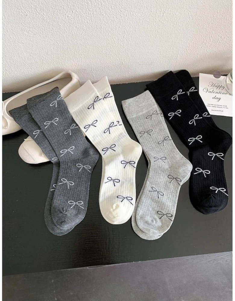 Azura Exchange Black Bow Knot Print Ribbed Crew Socks