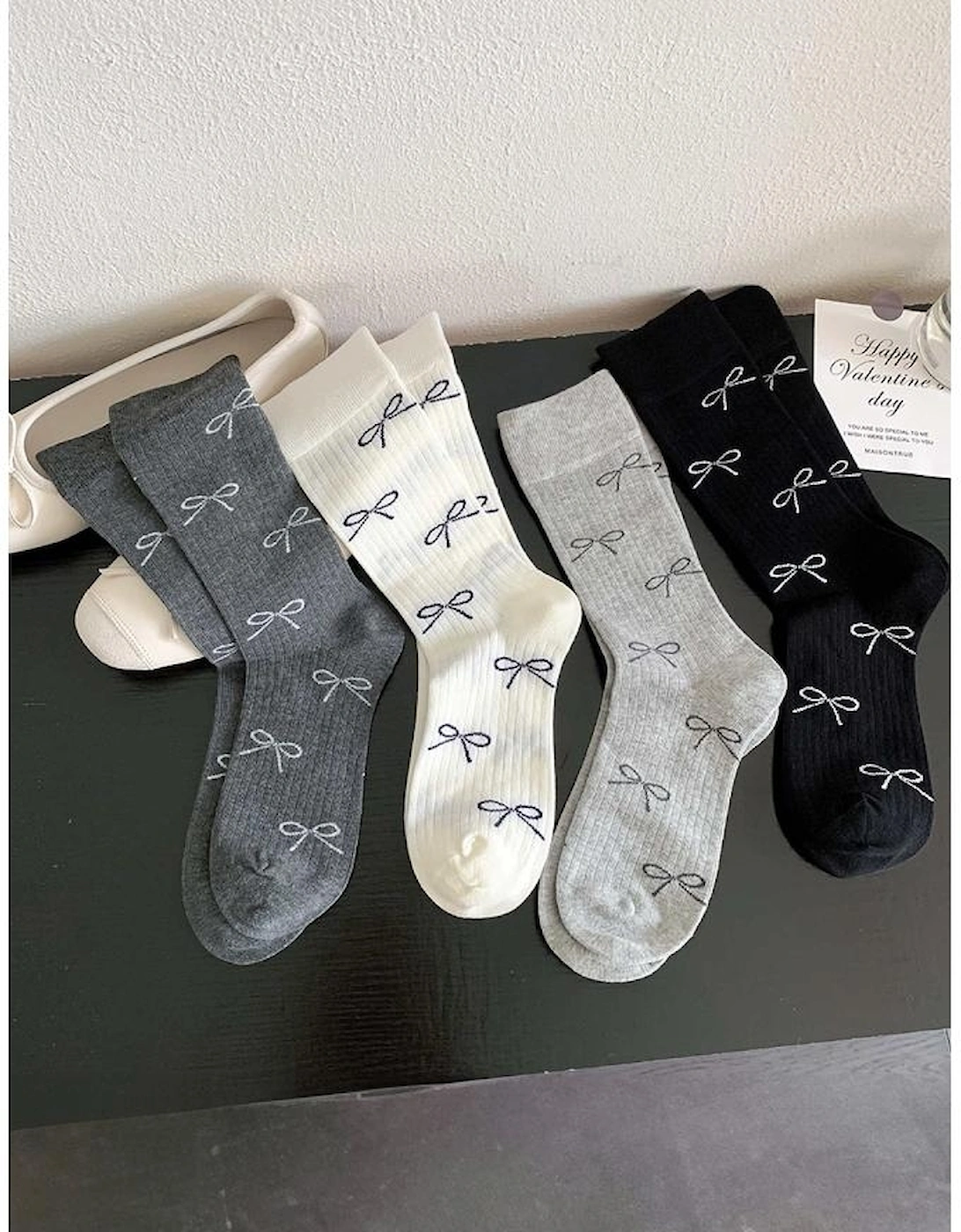 Azura Exchange Black Bow Knot Print Ribbed Crew Socks, 2 of 1