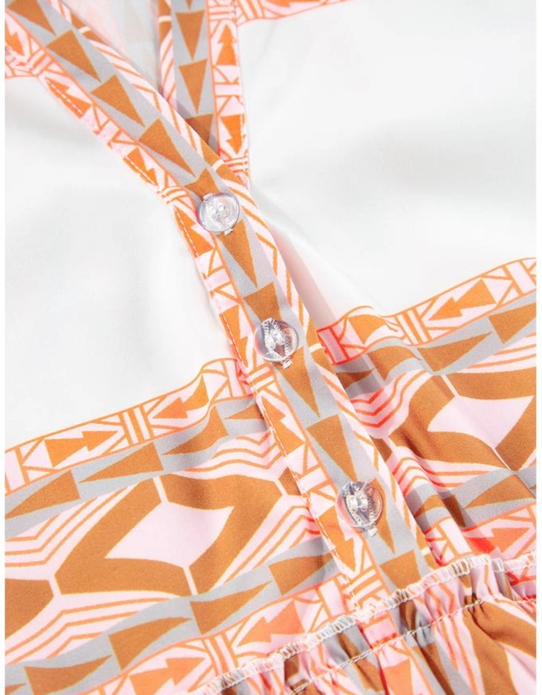 Orange Geometric Print Ruffle Tiered Button V Neck Dress