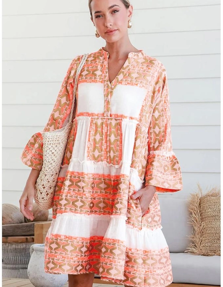 Orange Geometric Print Ruffle Tiered Button V Neck Dress