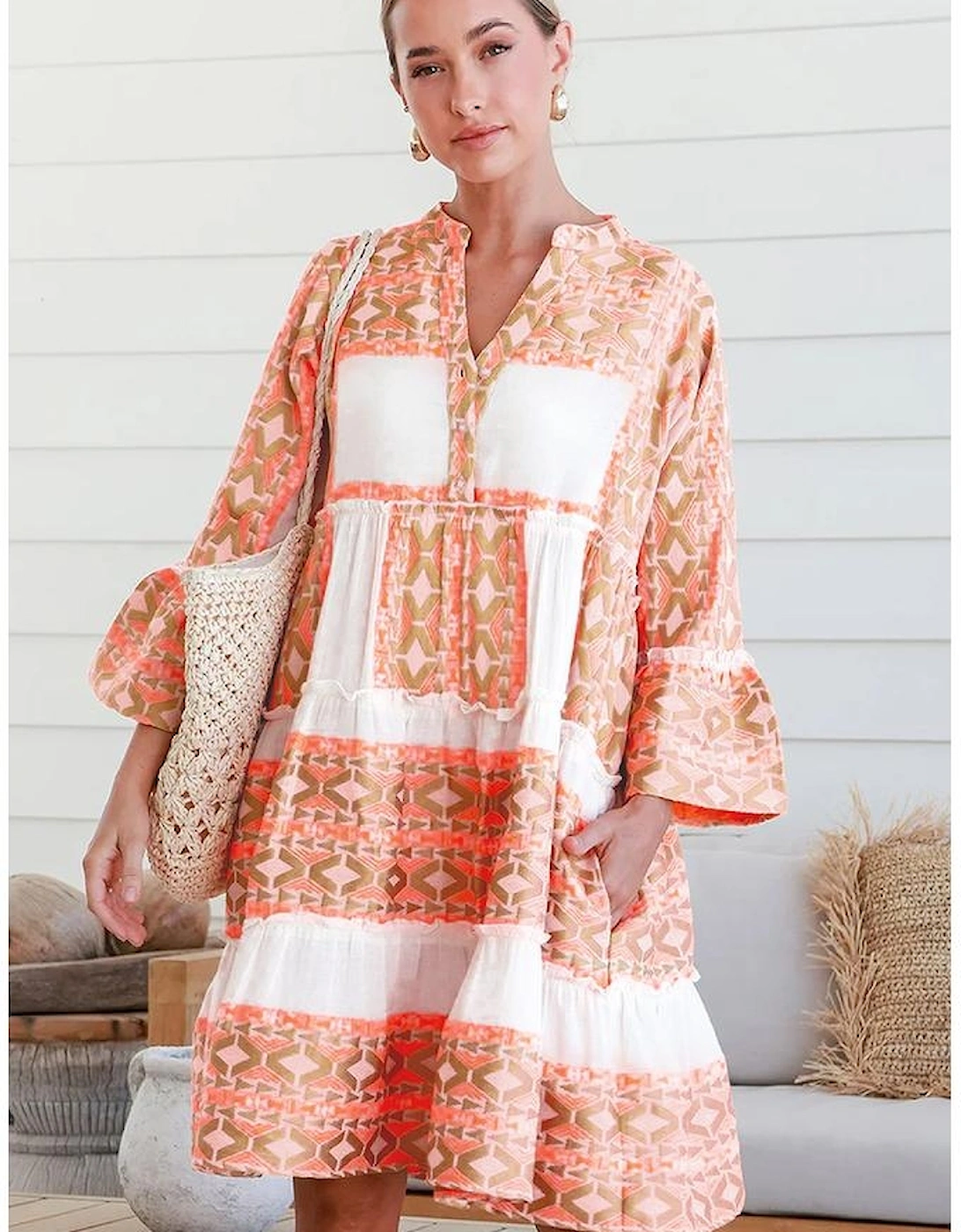 Orange Geometric Print Ruffle Tiered Button V Neck Dress, 15 of 14