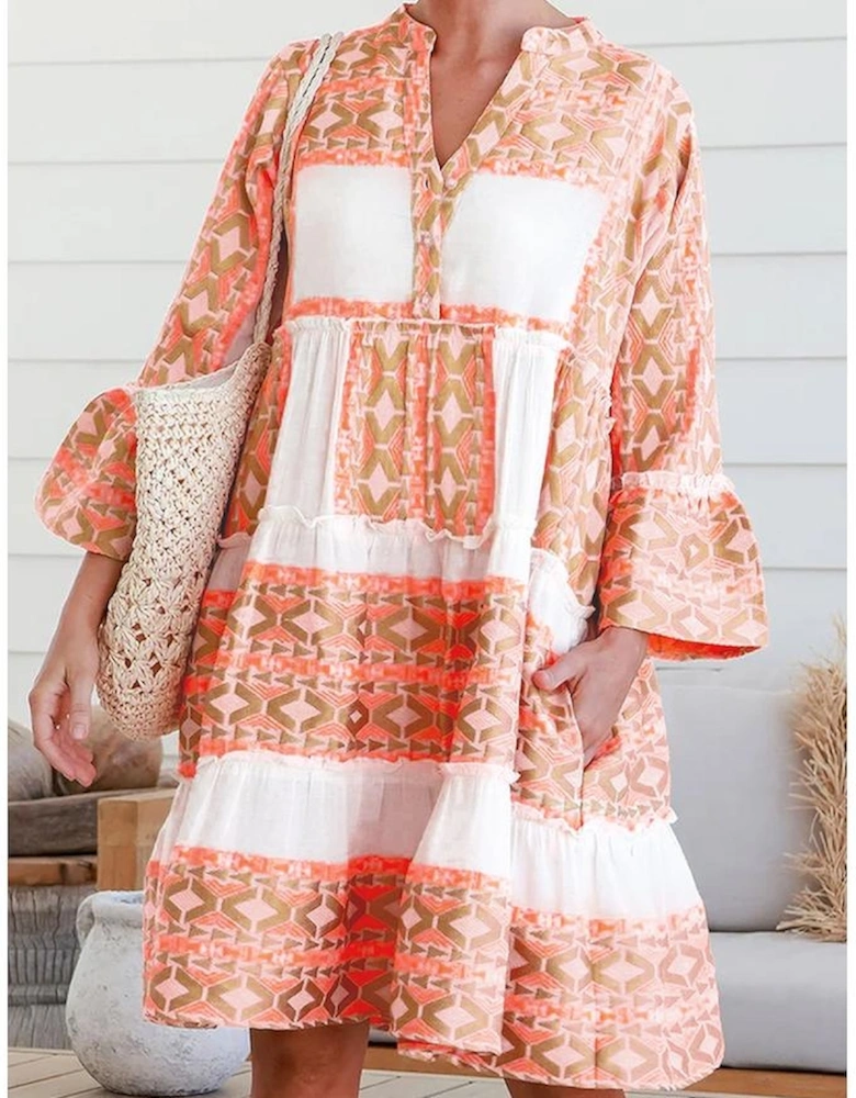 Orange Geometric Print Ruffle Tiered Button V Neck Dress