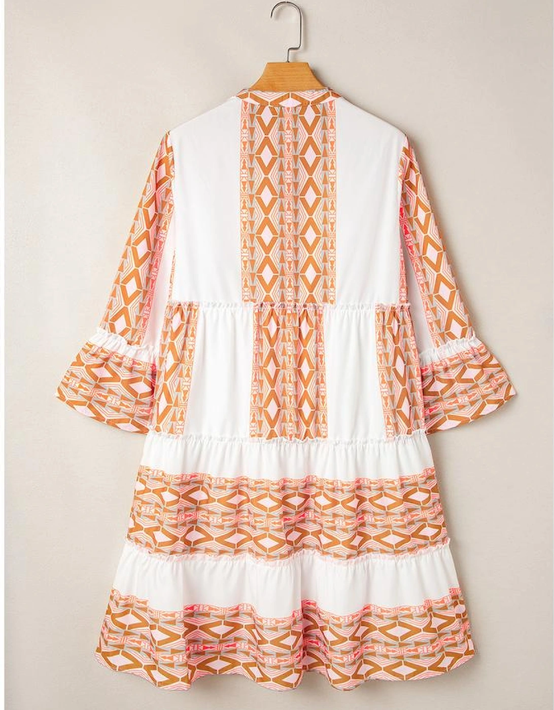 Orange Geometric Print Ruffle Tiered Button V Neck Dress
