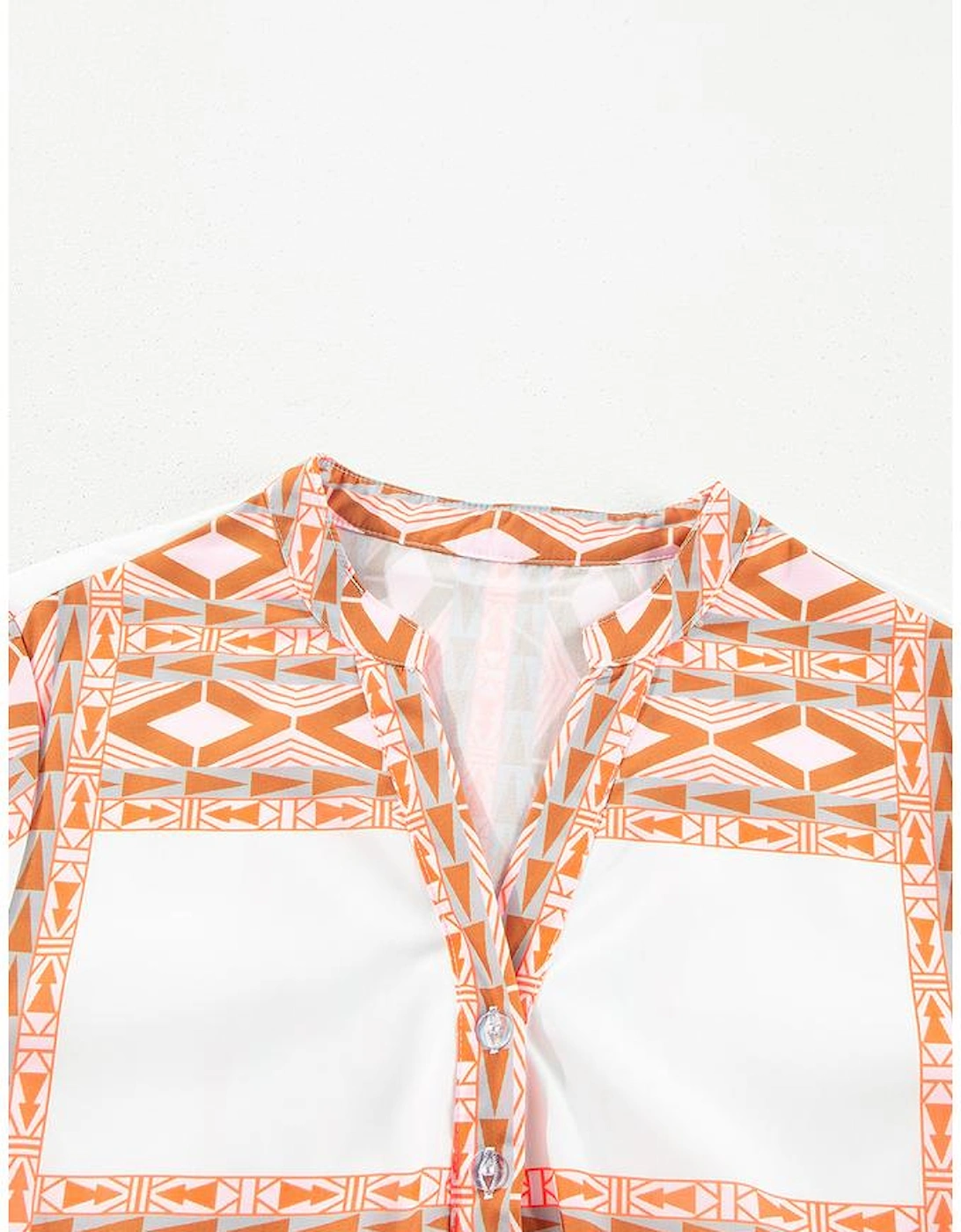 Orange Geometric Print Ruffle Tiered Button V Neck Dress