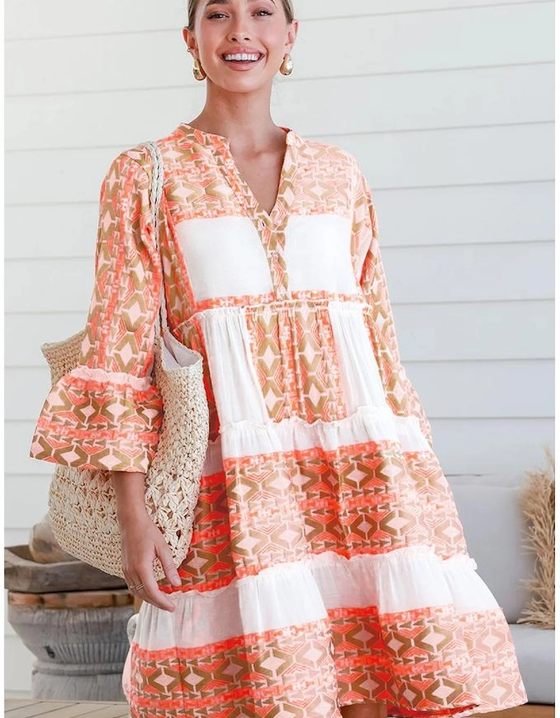 Orange Geometric Print Ruffle Tiered Button V Neck Dress