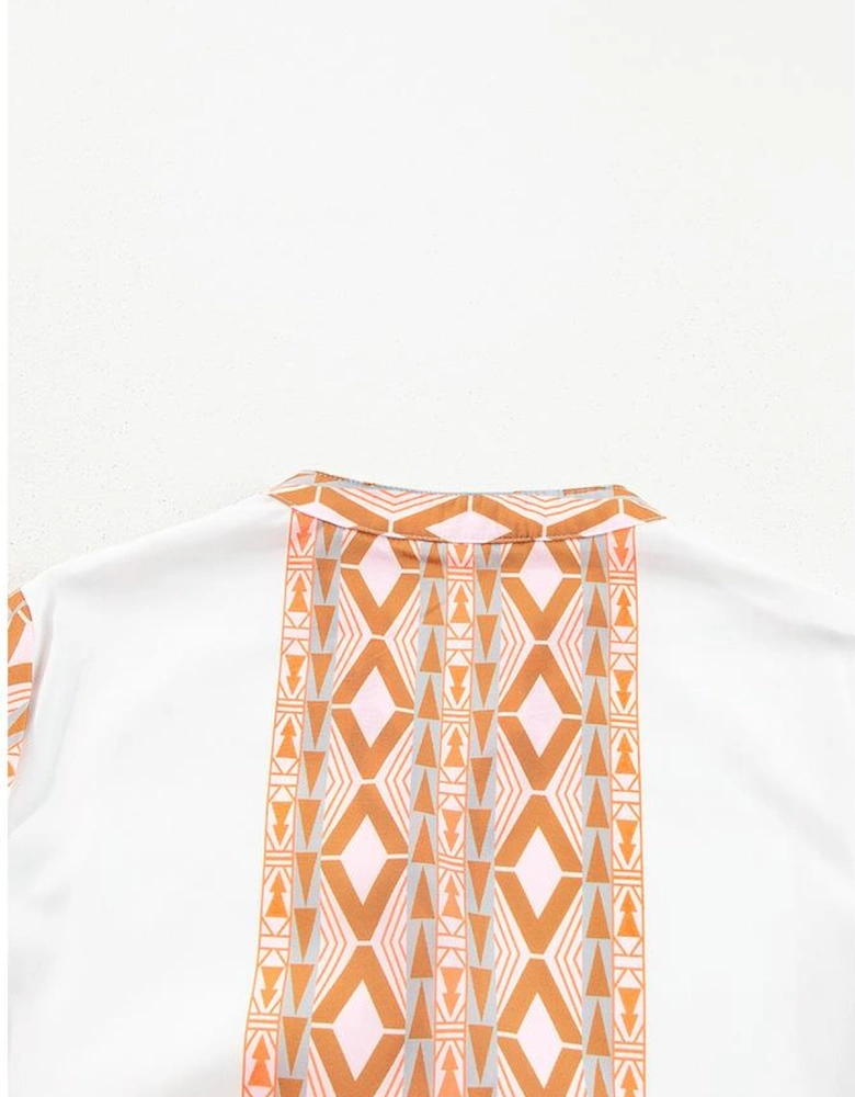 Orange Geometric Print Ruffle Tiered Button V Neck Dress