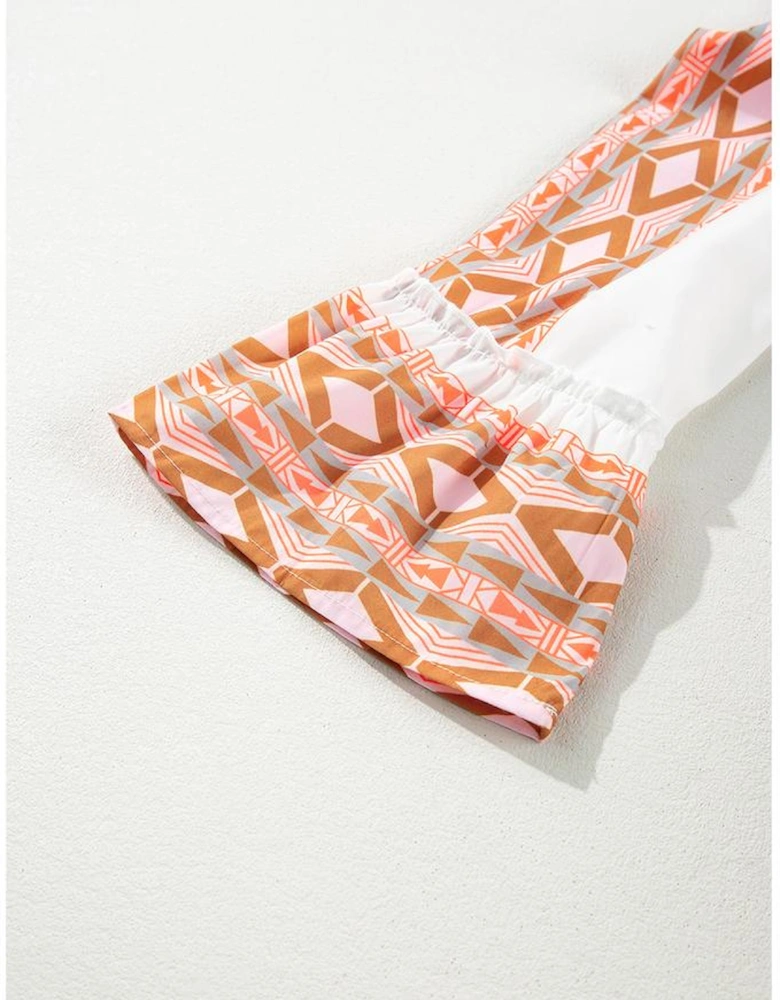 Orange Geometric Print Ruffle Tiered Button V Neck Dress