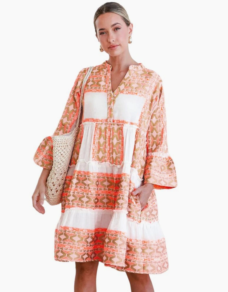 Orange Geometric Print Ruffle Tiered Button V Neck Dress