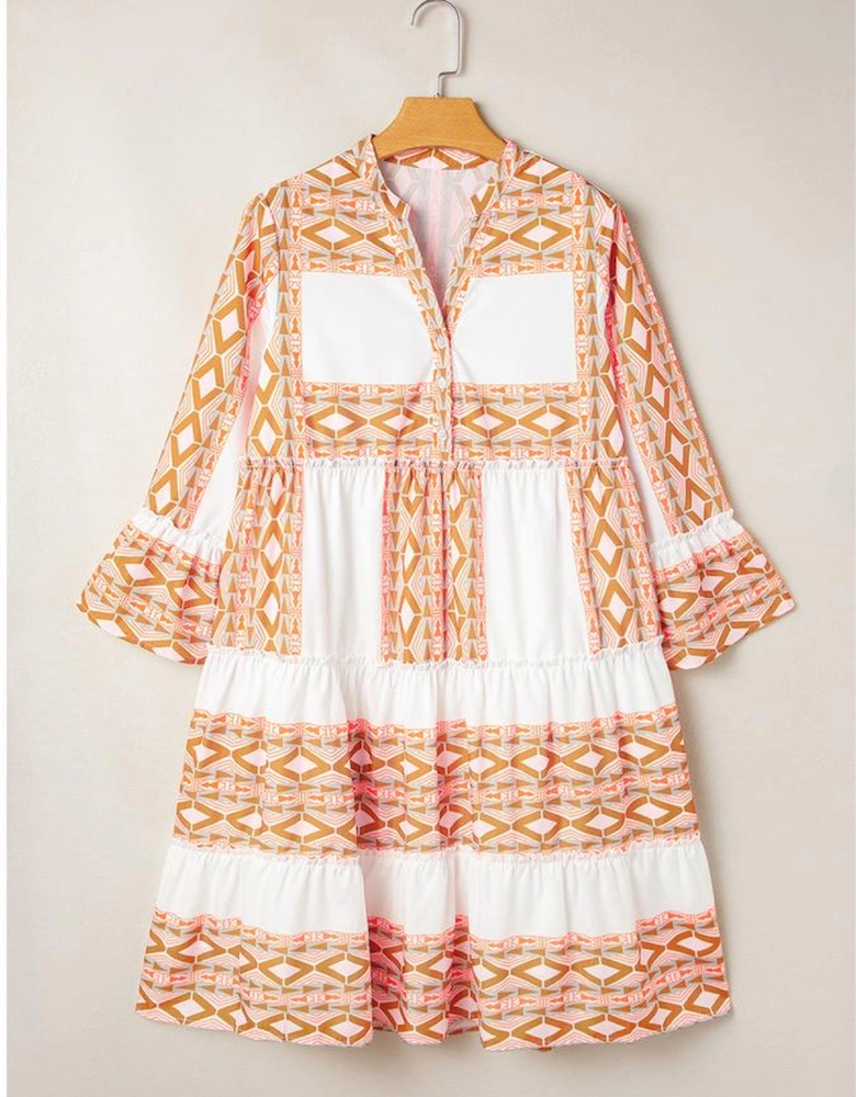 Orange Geometric Print Ruffle Tiered Button V Neck Dress