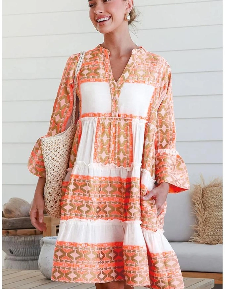 Orange Geometric Print Ruffle Tiered Button V Neck Dress