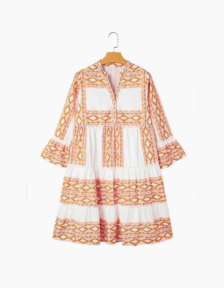 Orange Geometric Print Ruffle Tiered Button V Neck Dress
