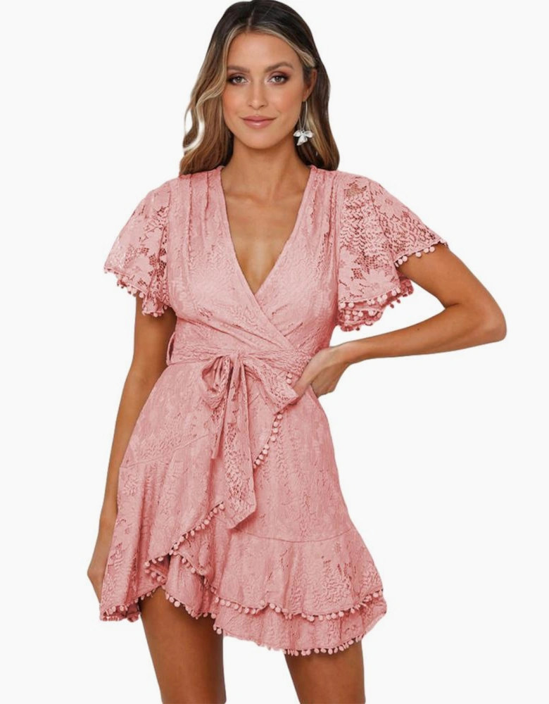 Azura Exchange Pink Flutter Sleeve Wrap V Neck Floral Lace Short Dress