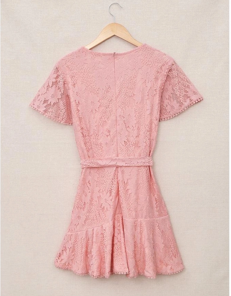 Azura Exchange Pink Flutter Sleeve Wrap V Neck Floral Lace Short Dress