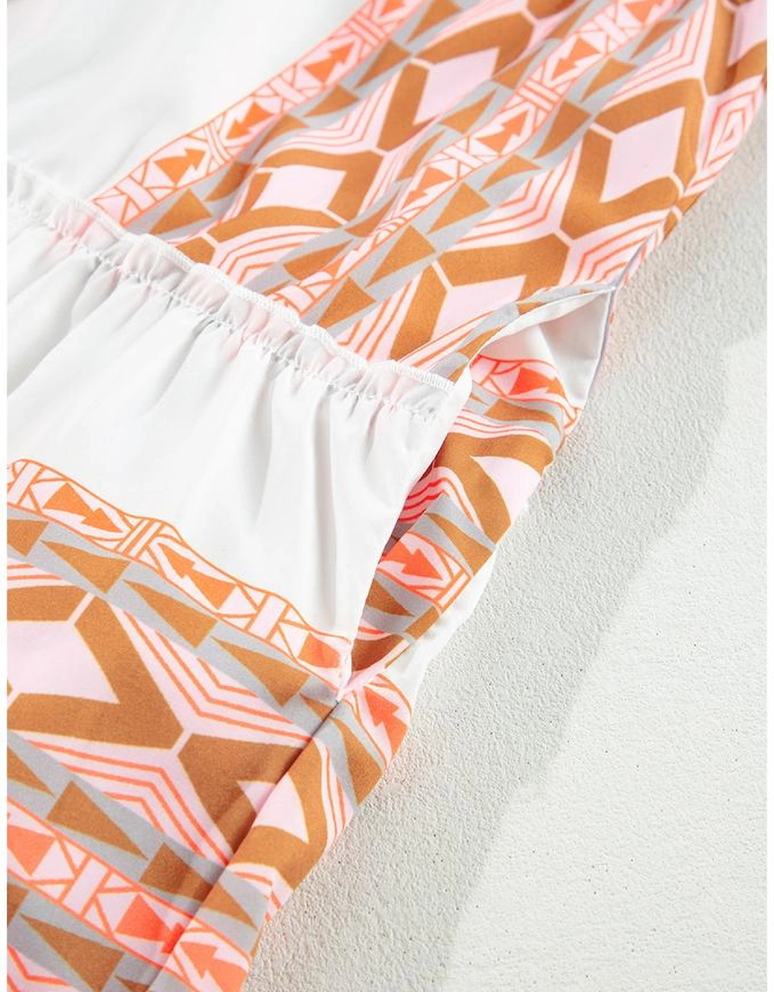 Orange Geometric Print Ruffle Tiered Button V Neck Dress