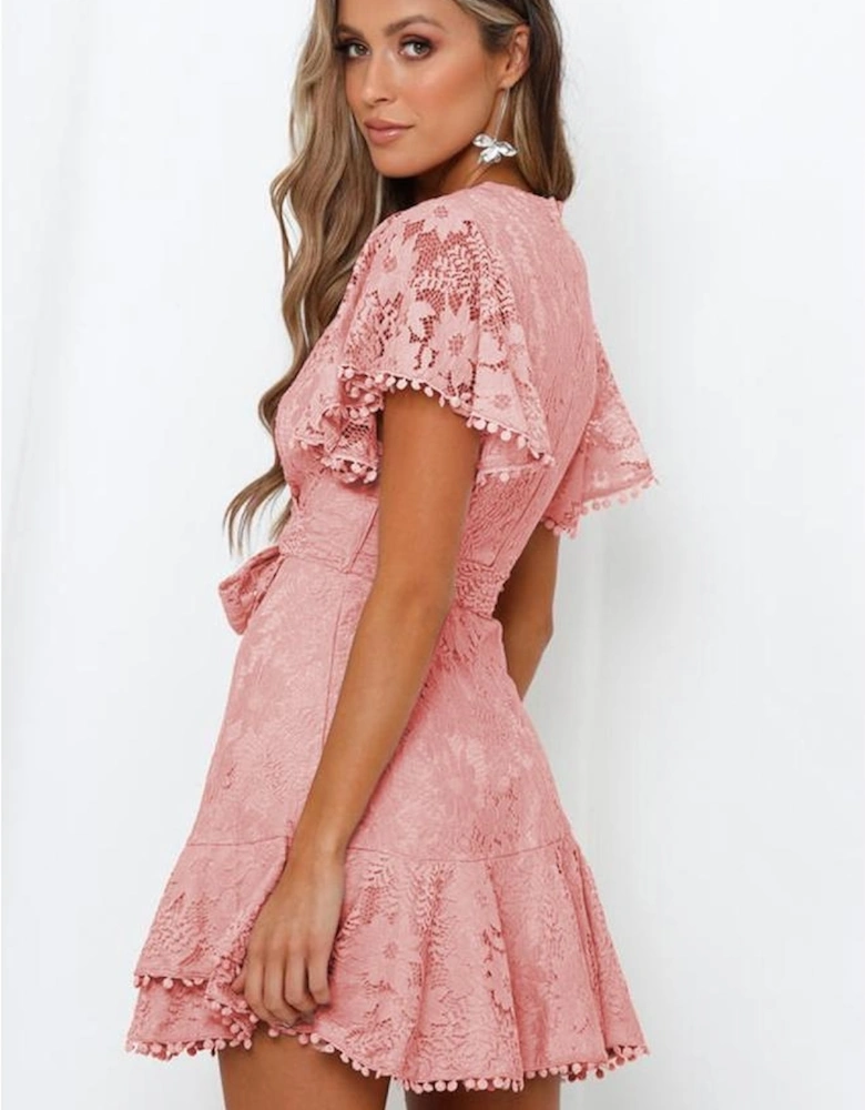 Azura Exchange Pink Flutter Sleeve Wrap V Neck Floral Lace Short Dress