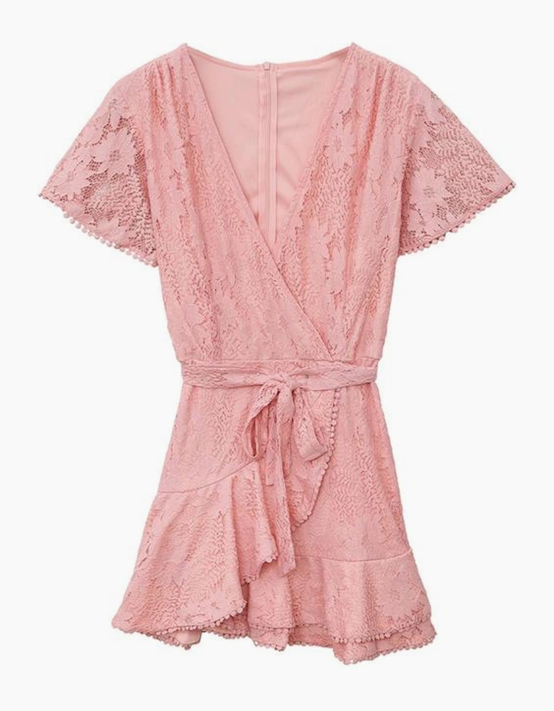 Azura Exchange Pink Flutter Sleeve Wrap V Neck Floral Lace Short Dress