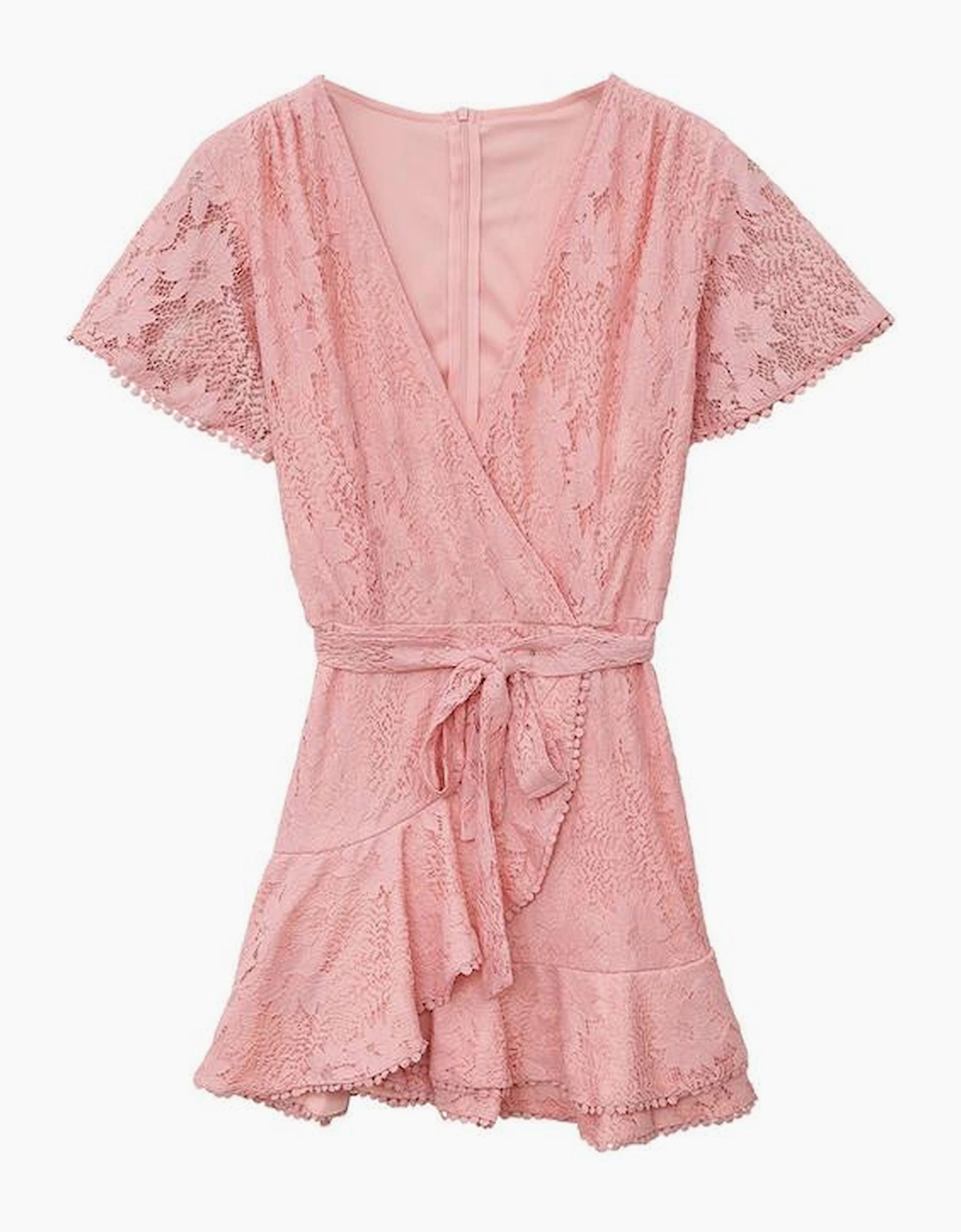 Azura Exchange Pink Flutter Sleeve Wrap V Neck Floral Lace Short Dress