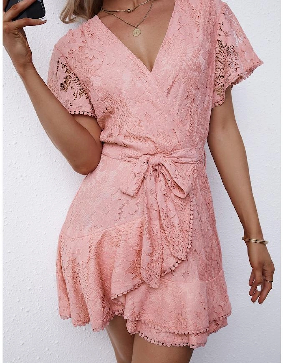 Azura Exchange Pink Flutter Sleeve Wrap V Neck Floral Lace Short Dress