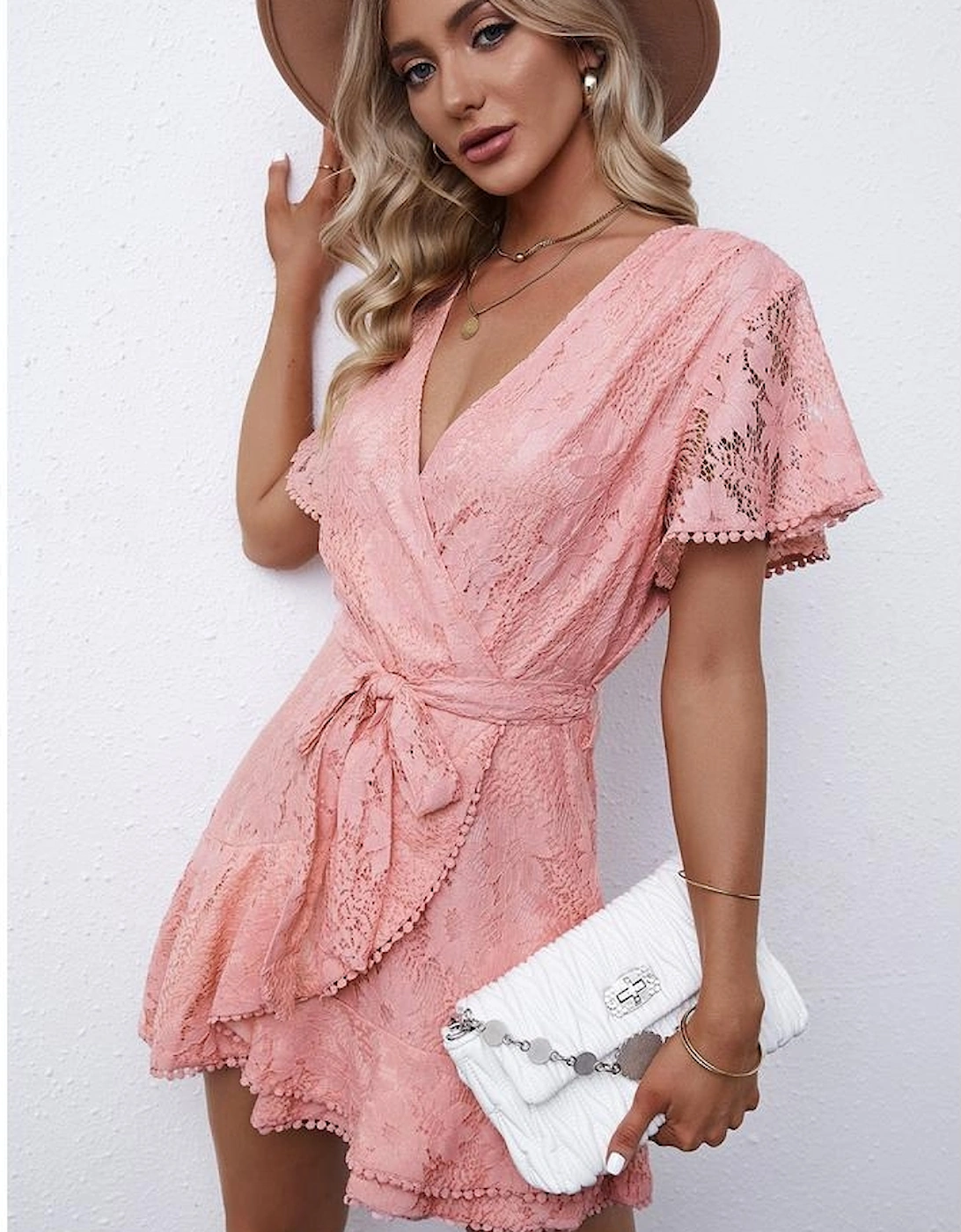 Azura Exchange Pink Flutter Sleeve Wrap V Neck Floral Lace Short Dress