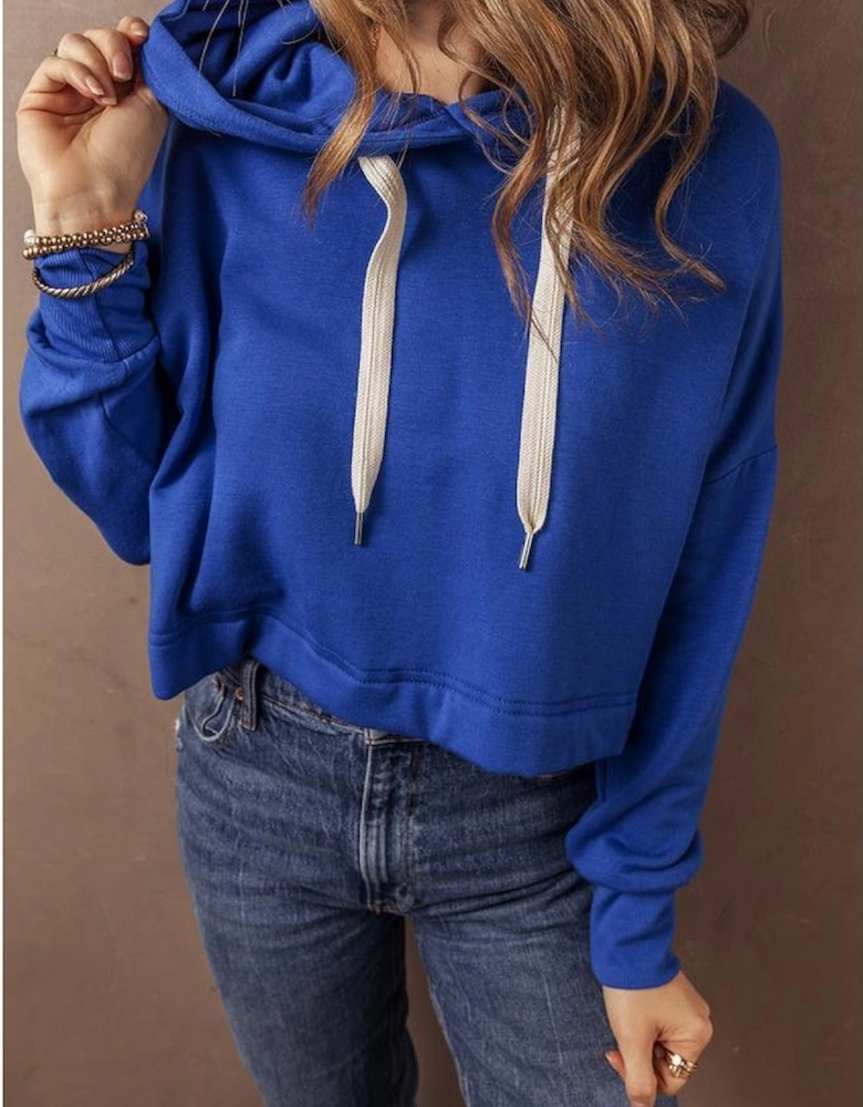Dark Blue Solid Drop Shoulder Drawstring Cropped Hoodie