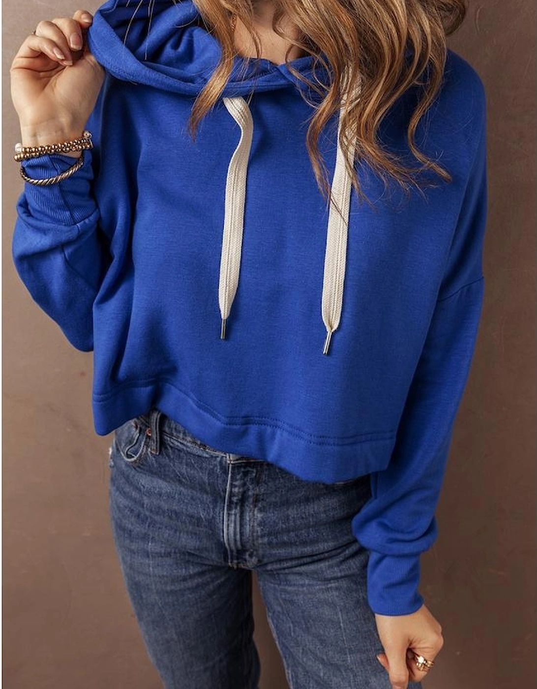 Dark Blue Solid Drop Shoulder Drawstring Cropped Hoodie, 8 of 7
