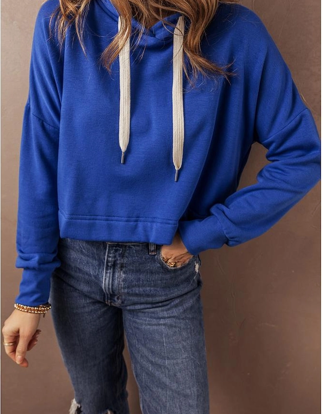 Dark Blue Solid Drop Shoulder Drawstring Cropped Hoodie